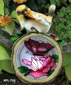 Solar, Lit Song Bird On Stained Glass Style Hollow Log